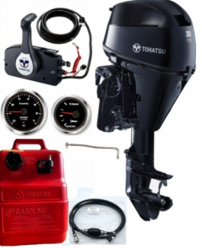 NEW LIGHTWEIGHT MODEL!!! 30HP Tohatsu Long Shaft EFi Power Tilt Remote Control 4-Stroke Outboard Motor with 25L Tank & Line image